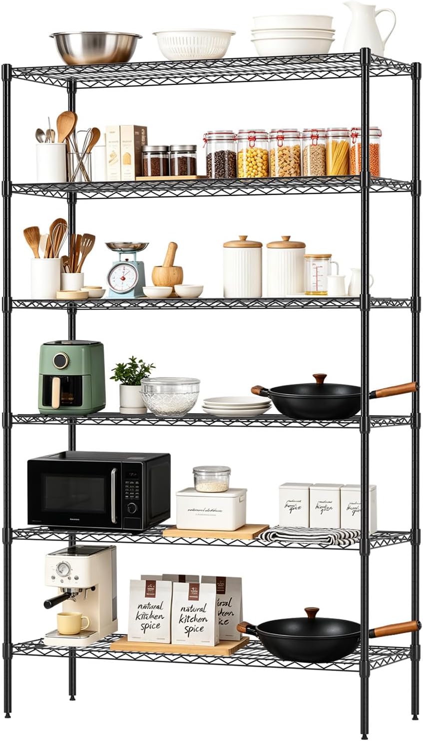 FDW 16" D×42" W×72" H Wire Shelving Unit Commercial Metal Shelf with 6 Tier Adjustable Layer Rack Strong Steel for Restaurant Garage Pantry Kitchen Garage,Black