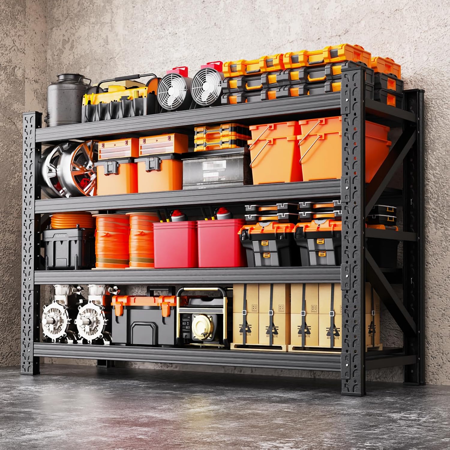 69"W Garage Shelving 5000LBS Heavy Duty Storage Shelves, 4 Tier Adjustable Metal Shelving Unit for Garage, Basement, Warehouse, Storage Room, Garage Storage Shelves, 69" W x 24" D x 64" H Black